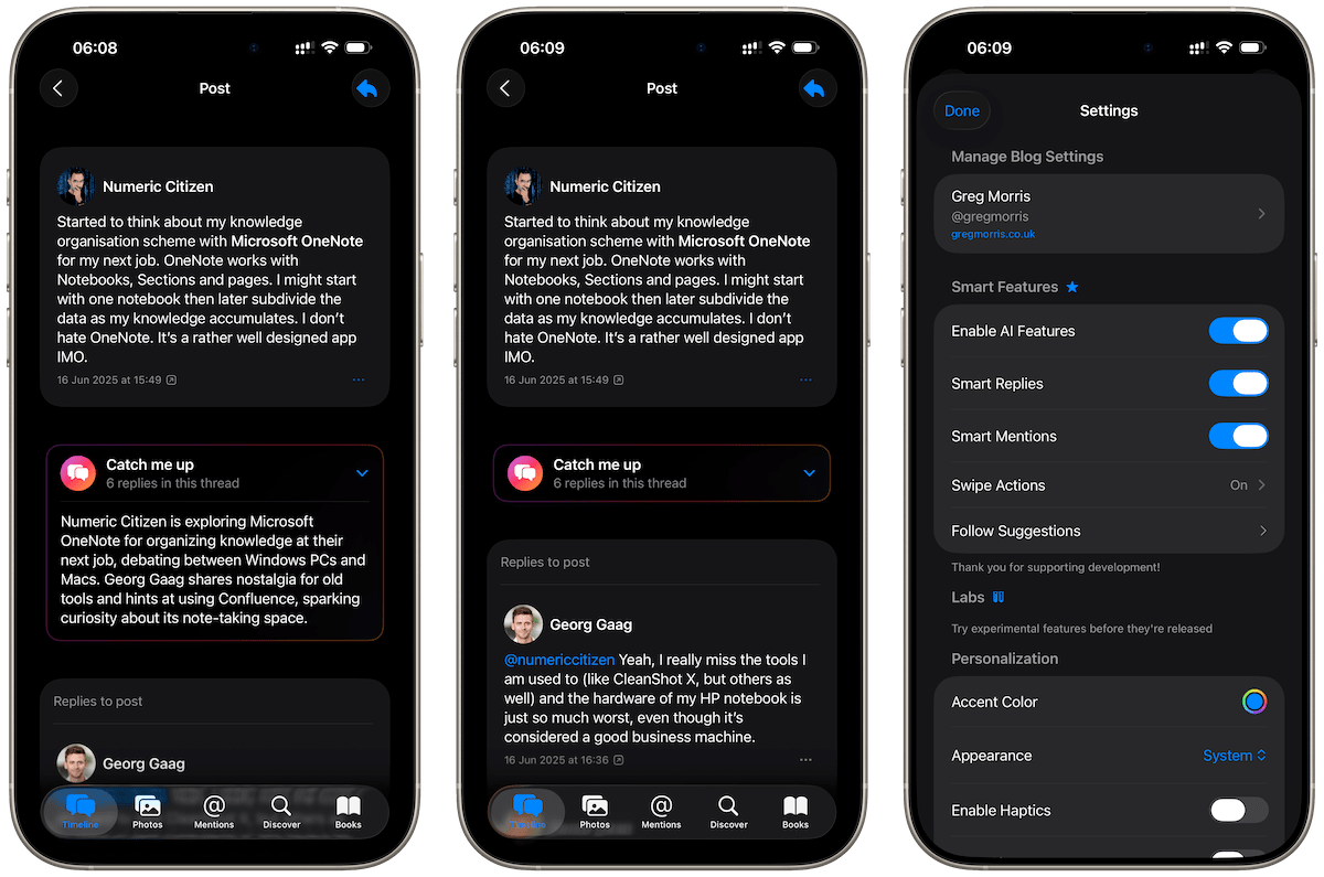 Auto-generated description: Three smartphone screens display a social media app interface and settings, showing posts, interactions, and configurable options.